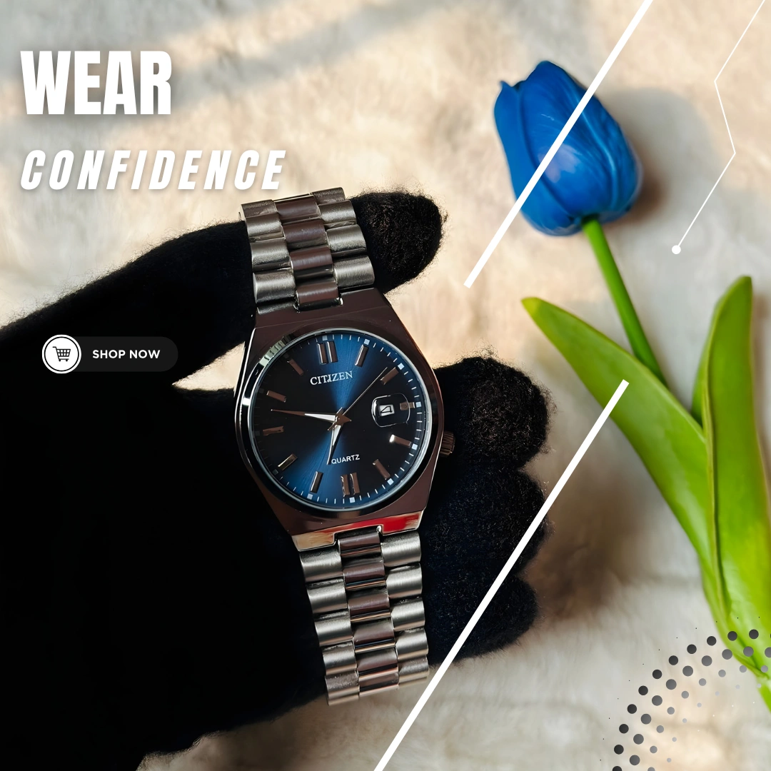 Black and White Watch Fashion Social Media Graphic (6) Citizen Tsuyosa Blue Dial Stainless Steel Automatic Watch - Image 1