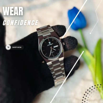 Poedagar Premium Black Dial Stainless Steel Watch